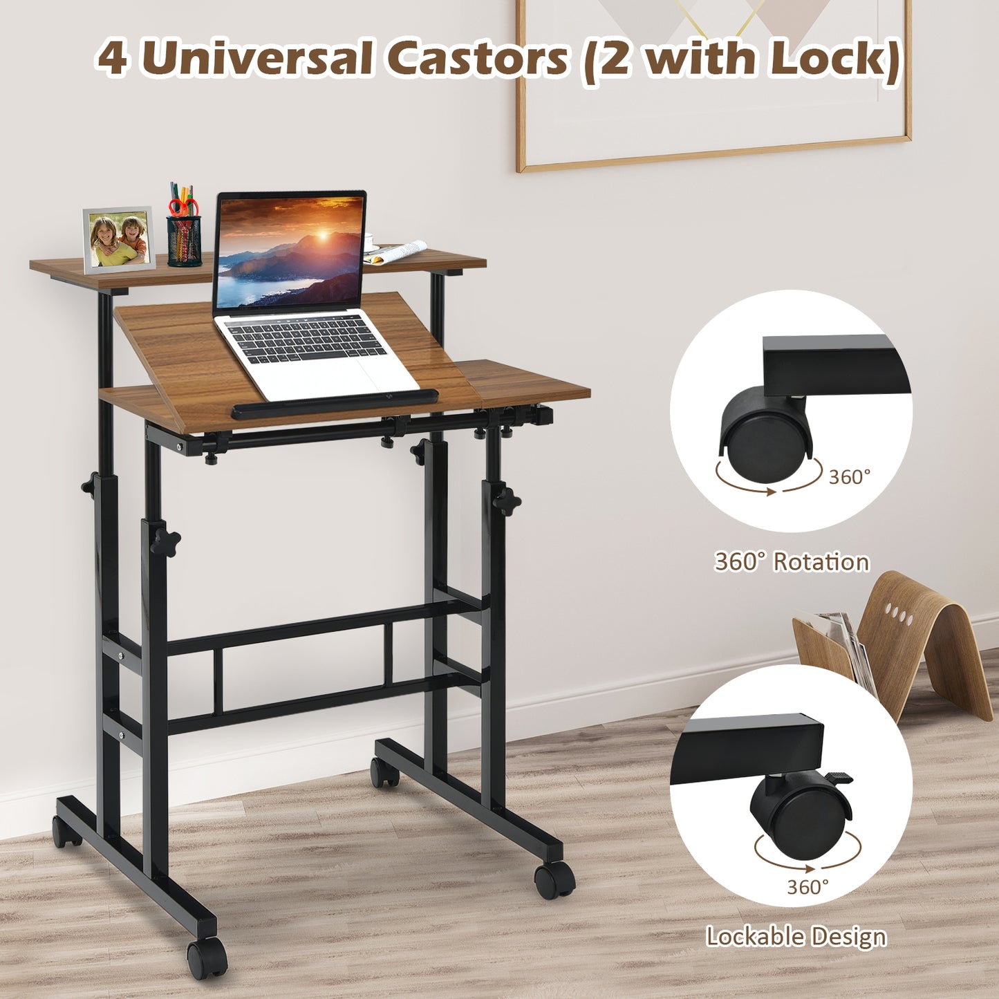 Mobile Standing Desk, Adjustable Tilting Workstation, Walnut Laptop Tables & Printer Stands at Gallery Canada