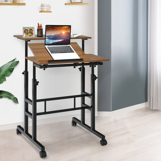 Mobile Standing Desk, Adjustable Tilting Workstation, Walnut Laptop Tables & Printer Stands Walnut at Gallery Canada