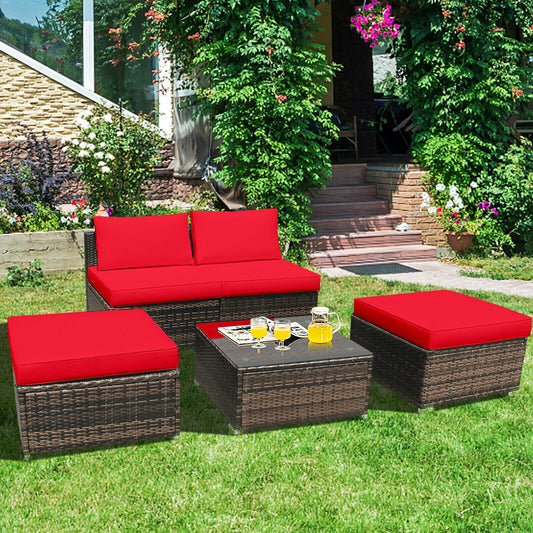 5 Pieces Patio Rattan Furniture Set with Cushioned Armless Sofa, Red Patio Conversation Sets Red at Gallery Canada