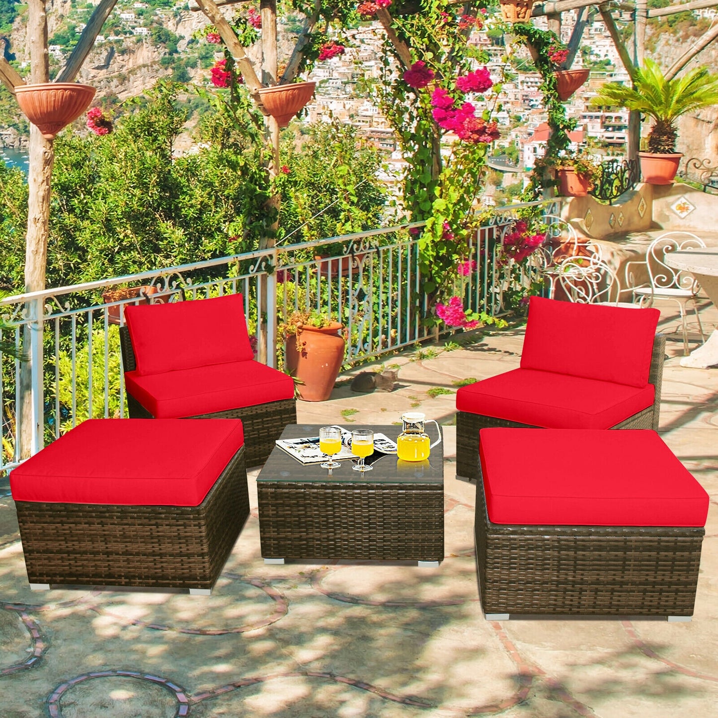 5 Pieces Patio Rattan Furniture Set with Cushioned Armless Sofa, Red Patio Conversation Sets at Gallery Canada