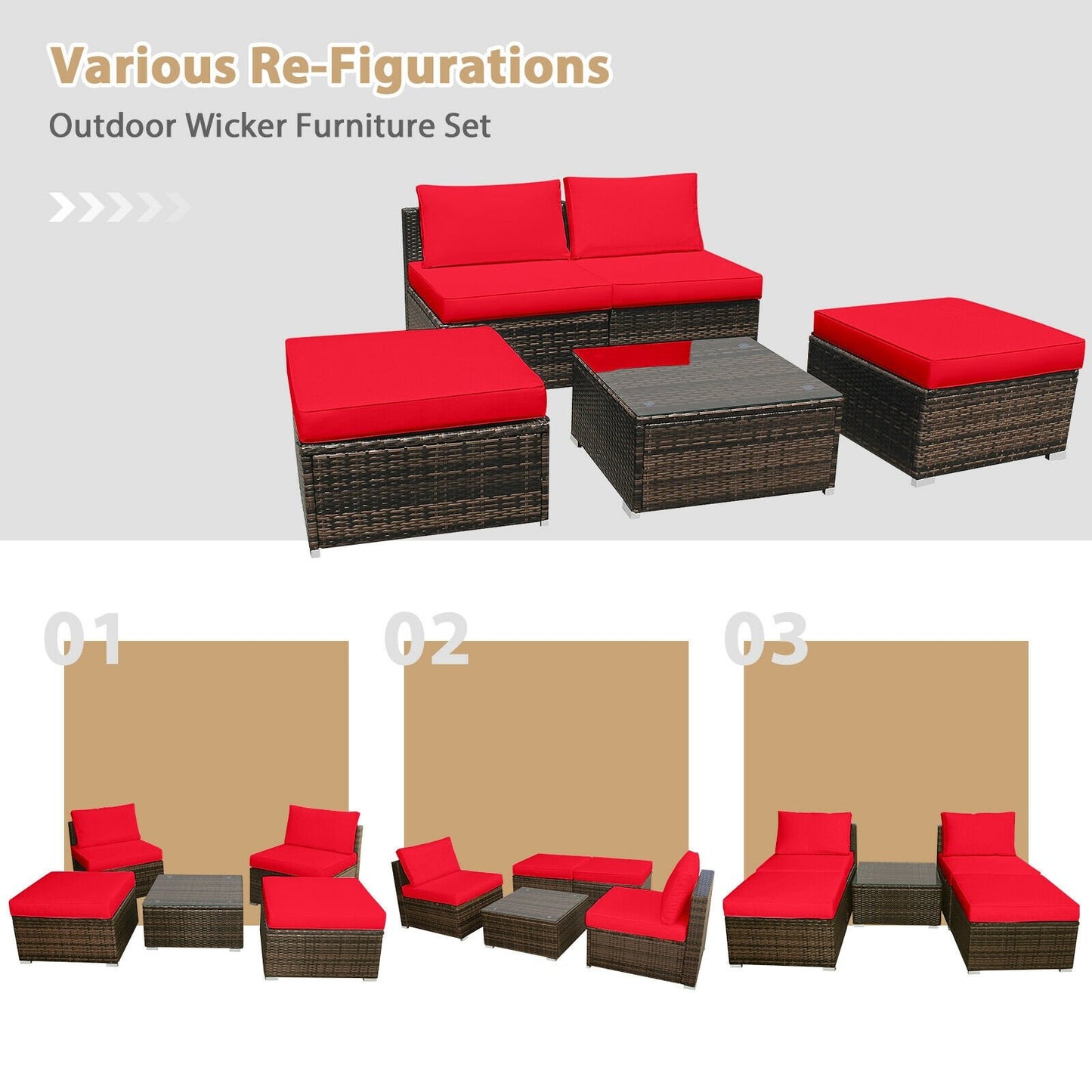 5 Pieces Patio Rattan Furniture Set with Cushioned Armless Sofa, Red at Gallery Canada
