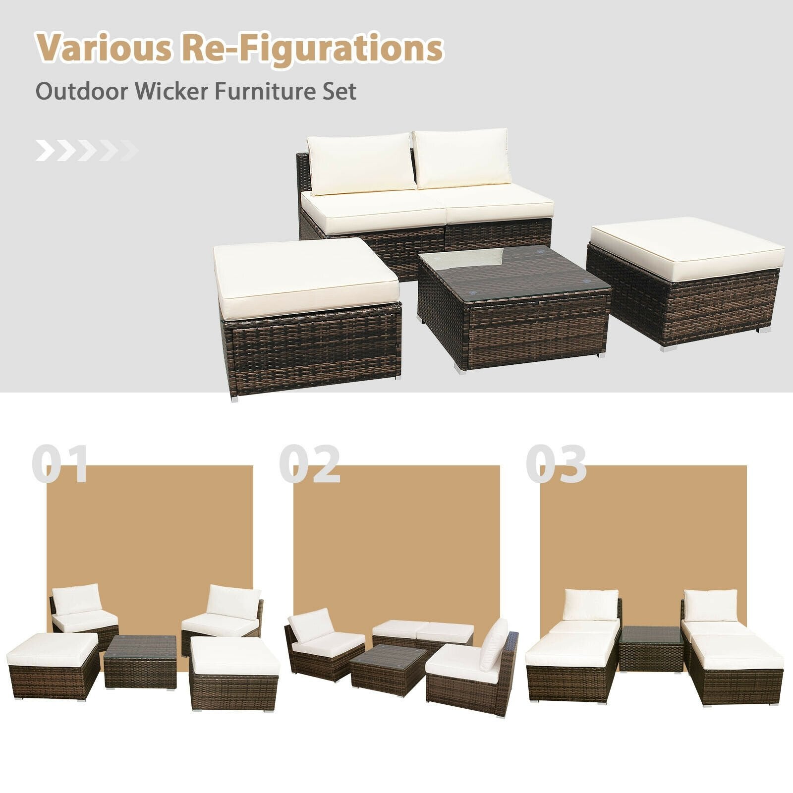5 Pieces Patio Rattan Furniture Set with Cushioned Armless Sofa, White at Gallery Canada