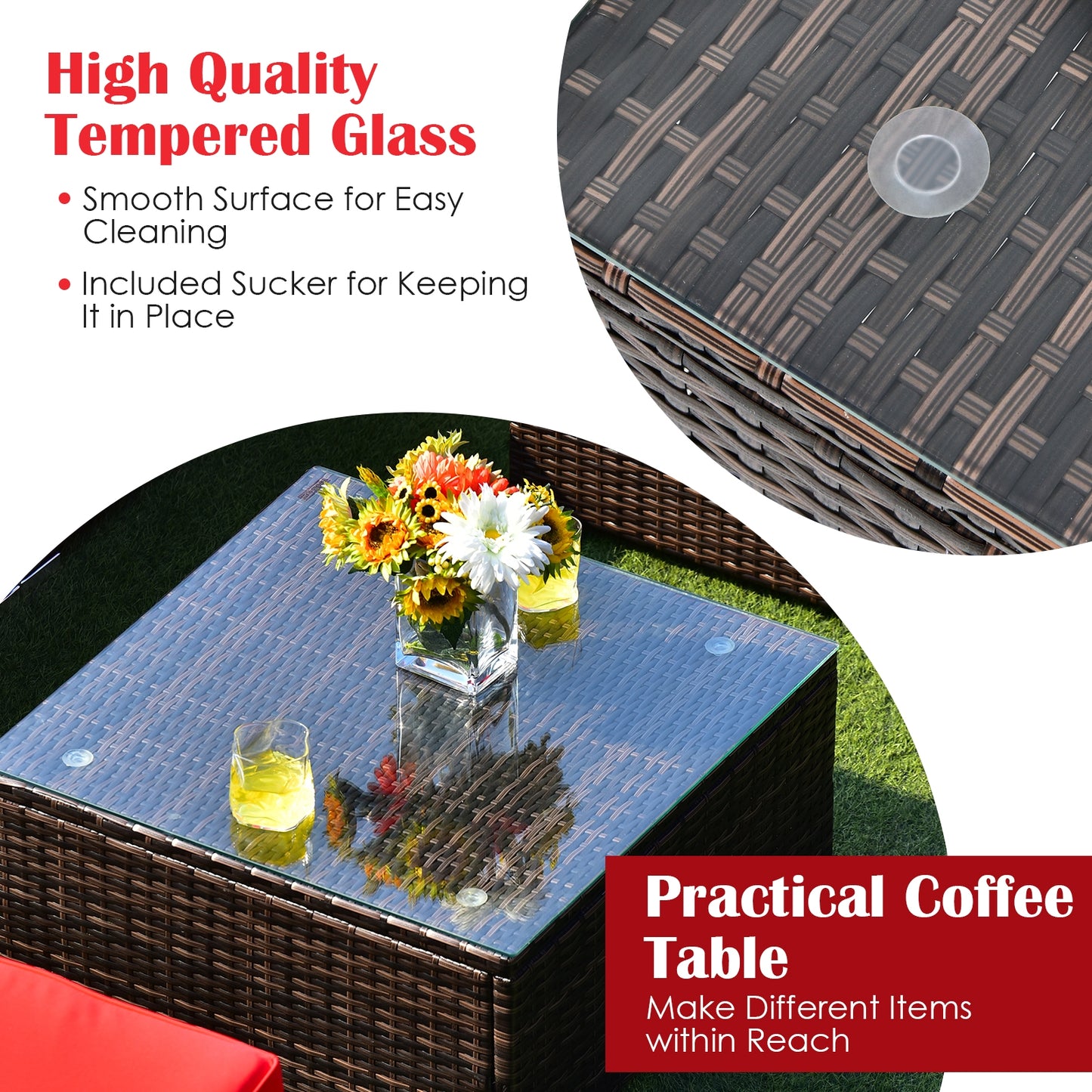 6 Piece Patio Rattan Furniture Set, With Cushions And Glass Coffee Table, Red Outdoor Sectionals at Gallery Canada