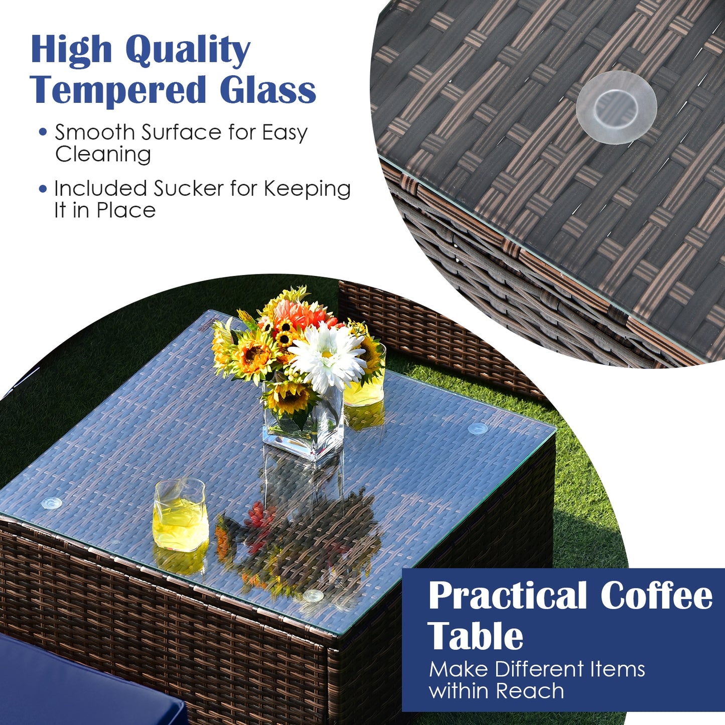 6-Piece Patio Rattan Furniture Set, With Cushions And Glass Coffee Table, Navy Outdoor Sectionals at Gallery Canada
