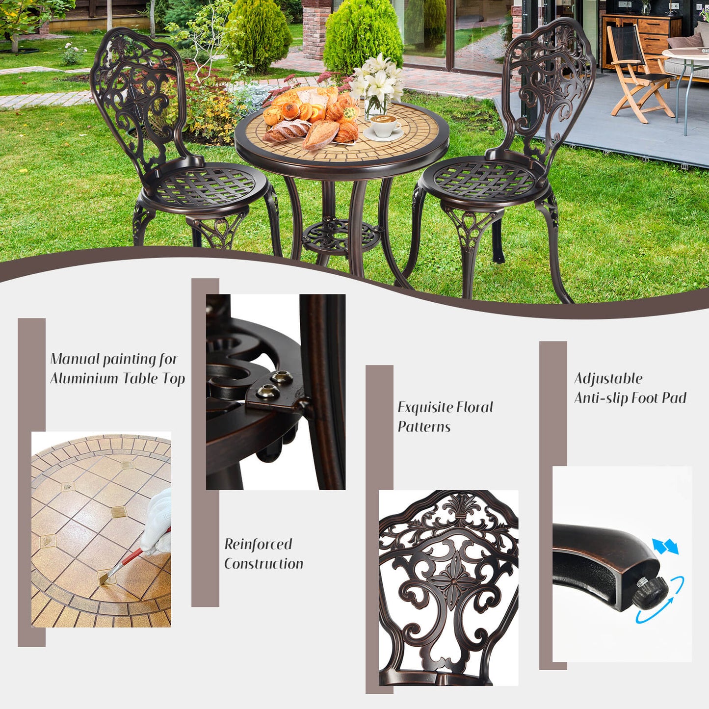 3-Piece Cast Aluminum Patio Bistro Set, Copper Patio Conversation Sets at Gallery Canada