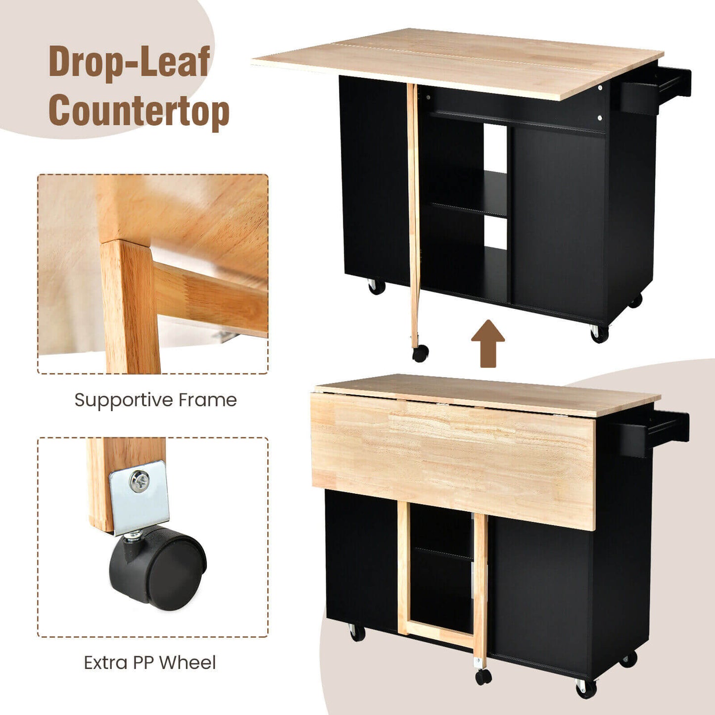 Drop-Leaf Kitchen Island with Rubber Wood Top, Black