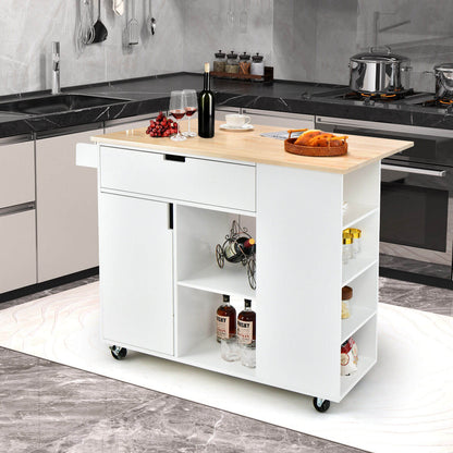 Drop-Leaf Kitchen Island with Rubber Wood Top, White