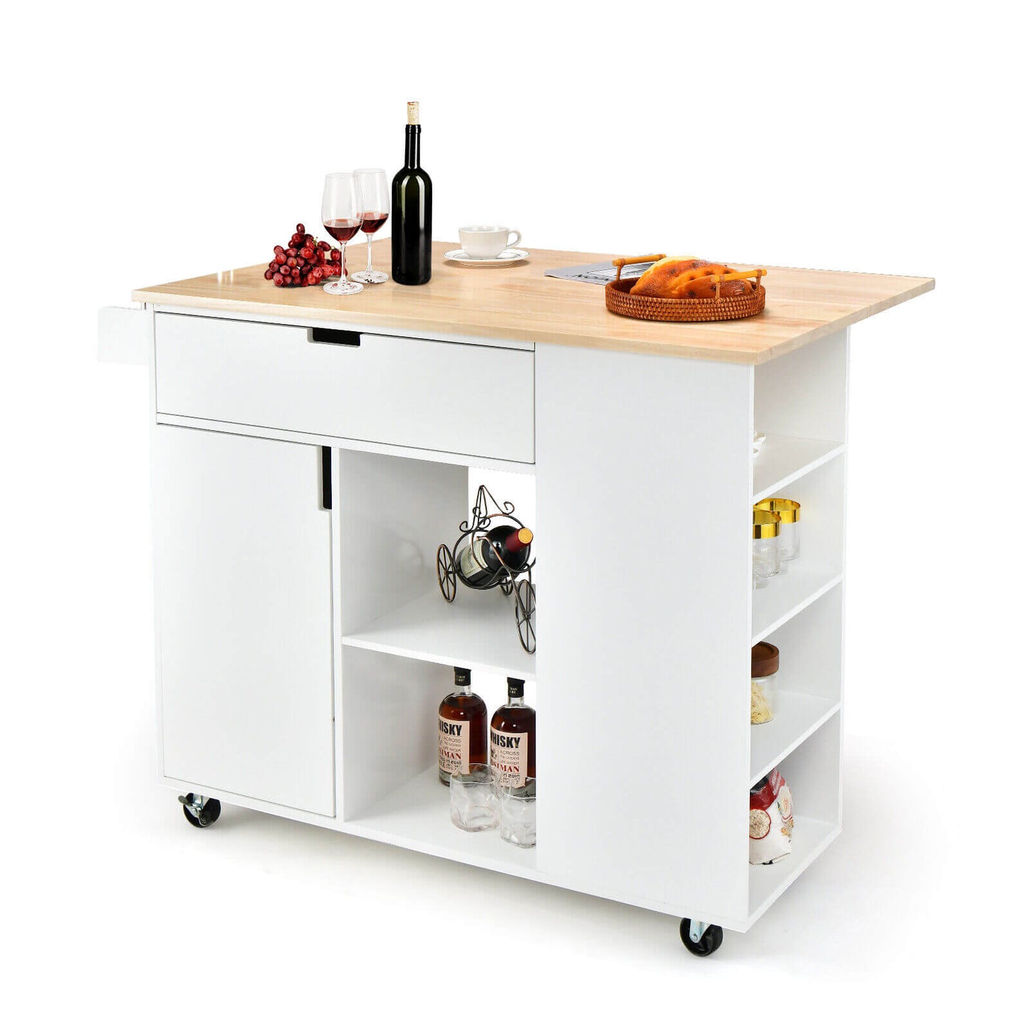Drop-Leaf Kitchen Island with Rubber Wood Top, White