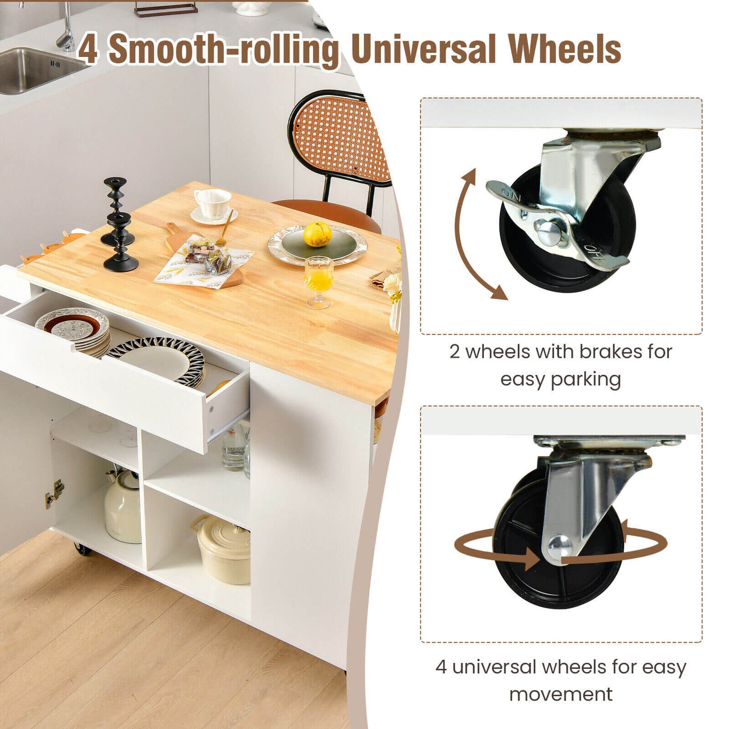 Drop-Leaf Kitchen Island, Rubber Wood Top, White Kitchen Islands & Carts at Gallery Canada