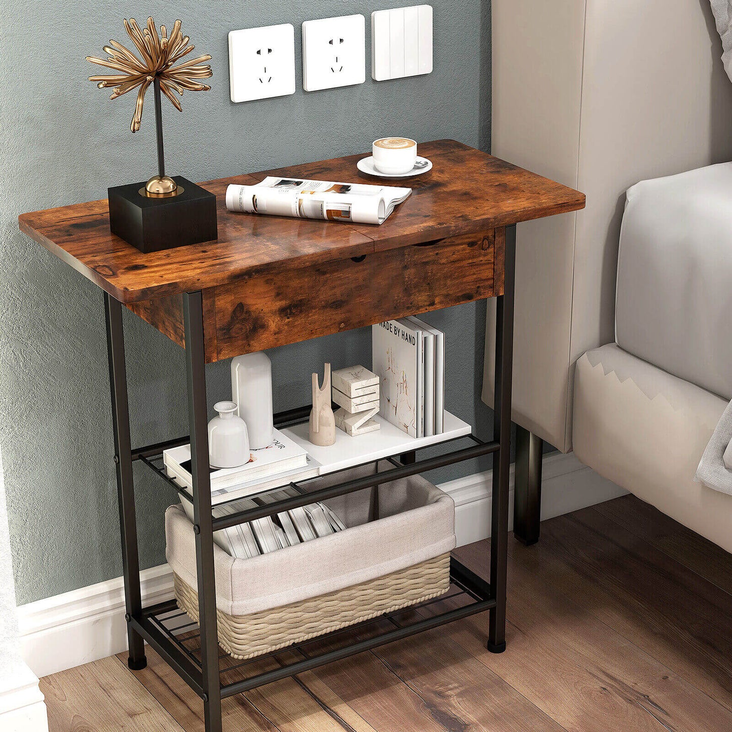 Side End Table with Charging Station Flip-Up Top for Living Room, Rustic Brown