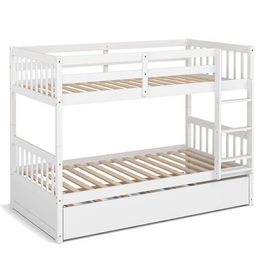 Twin Over Twin Bunk Bed with Pull-out Trundle and Ladder, White