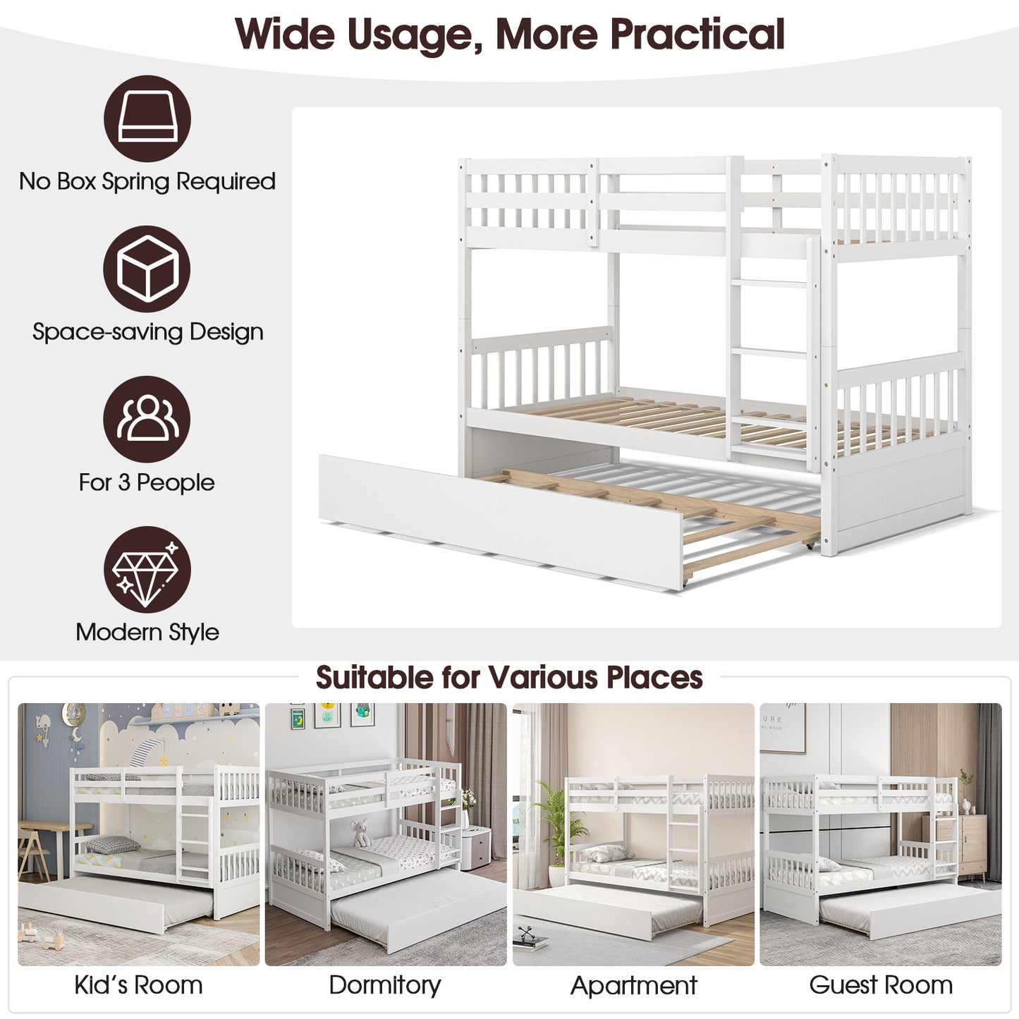Twin Over Twin Bunk Bed with Pull-out Trundle and Ladder, White Bunk Bed Frame at Gallery Canada