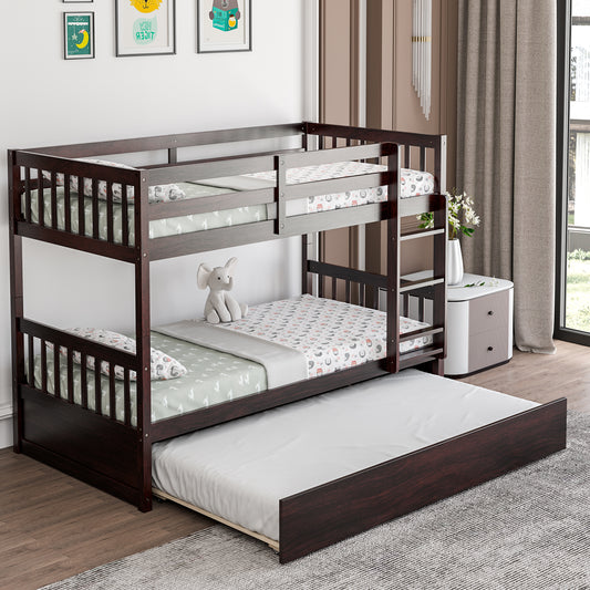 Twin Over Twin Bunk Bed With Pull-Out Trundle, Ladder, Espresso