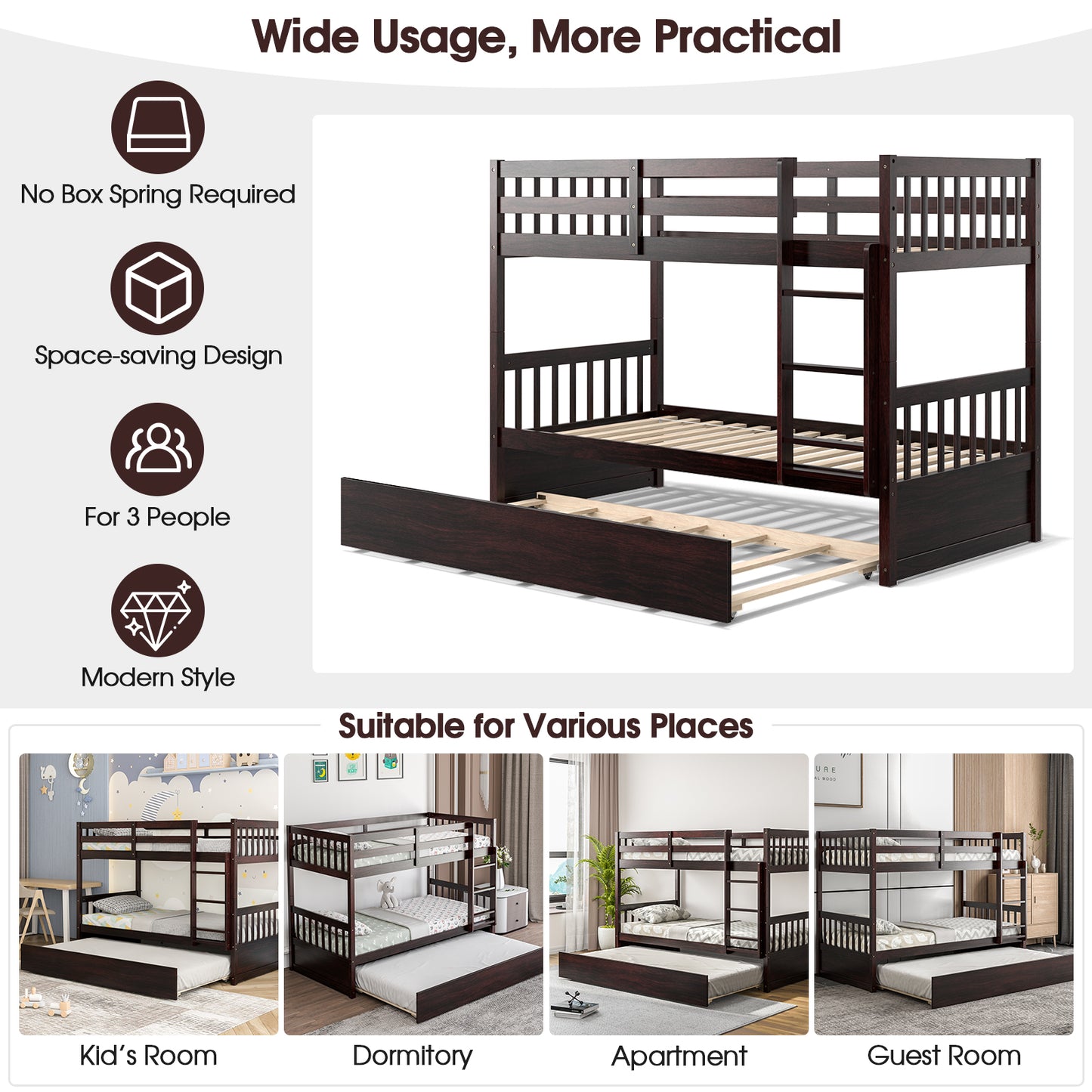 Twin Over Twin Bunk Bed With Pull-Out Trundle, Ladder, Espresso Bunk Bed Frame at Gallery Canada