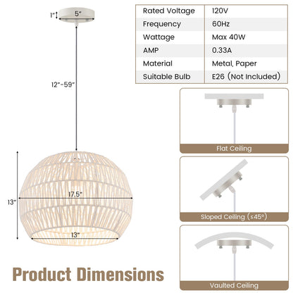 Round Farmhouse Rattan Pendant Lights with Adjustable Hanging Rope, Beige
