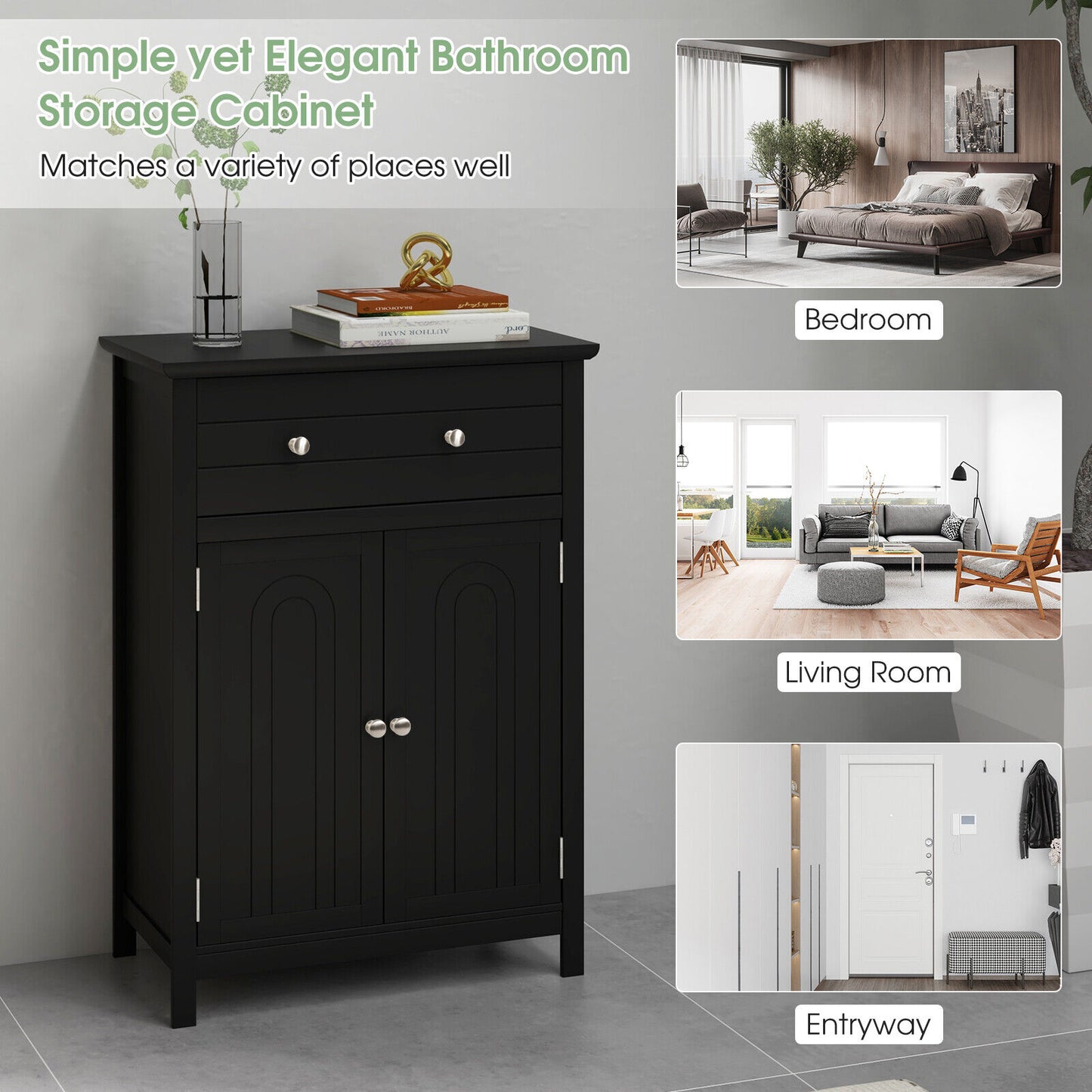 2-Door Freestanding Bathroom Cabinet with Drawer and Adjustable Shelf, Black Floor Cabinets at Gallery Canada