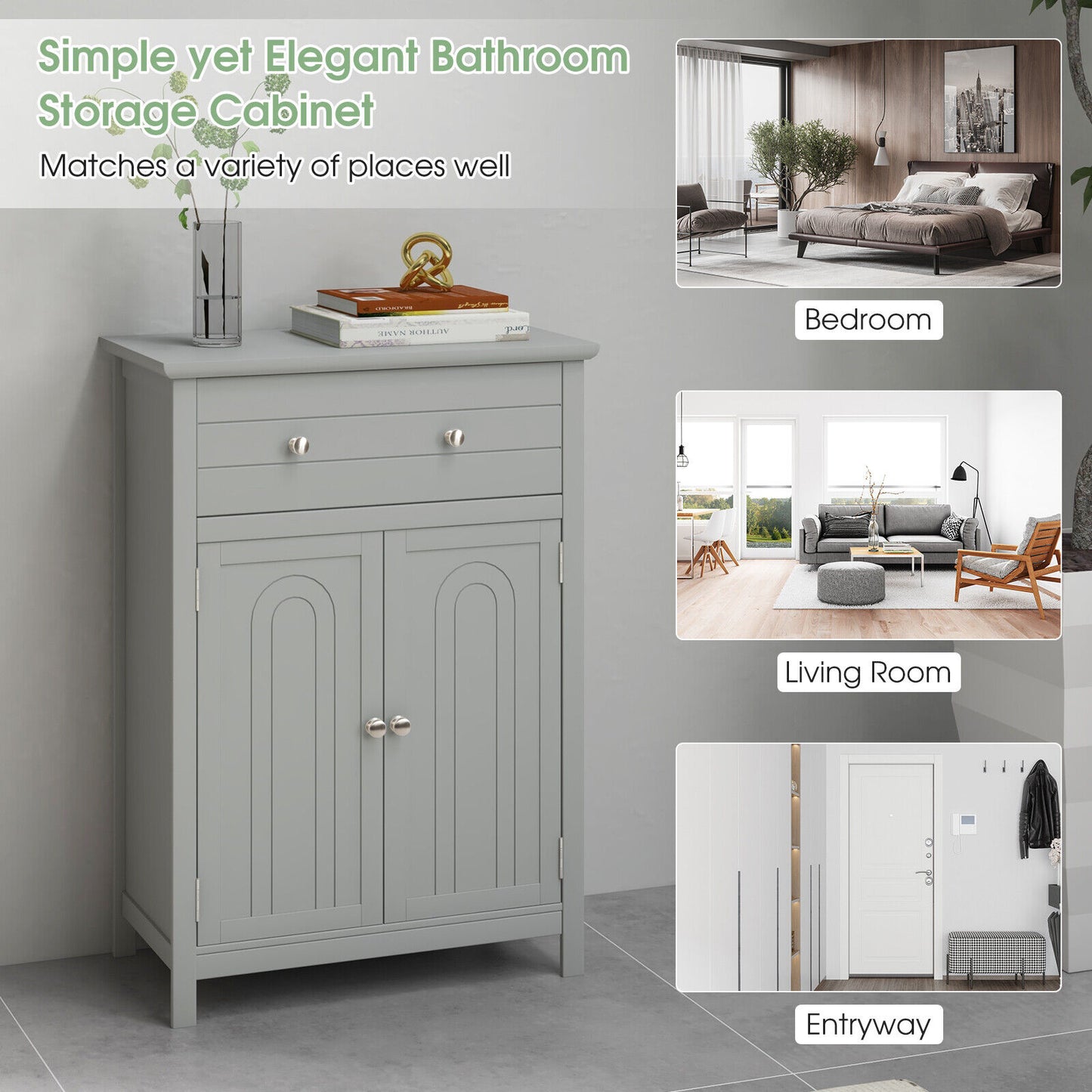 Wooden Bathroom Floor Cabinet with Drawer and Adjustable Shelf, Gray Floor Cabinets at Gallery Canada