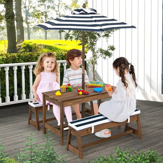 Kids Picnic Table And Bench Set, With Cushions And Adjustable Umbrella, Blue Kids Table & Chair Sets Blue at Gallery Canada