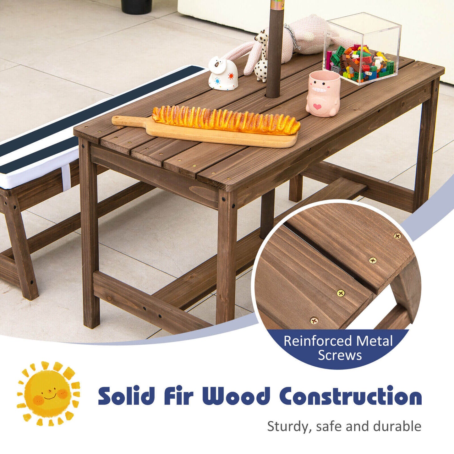 Kids Picnic Table And Bench Set, With Cushions And Adjustable Umbrella, Blue Kids Table & Chair Sets at Gallery Canada