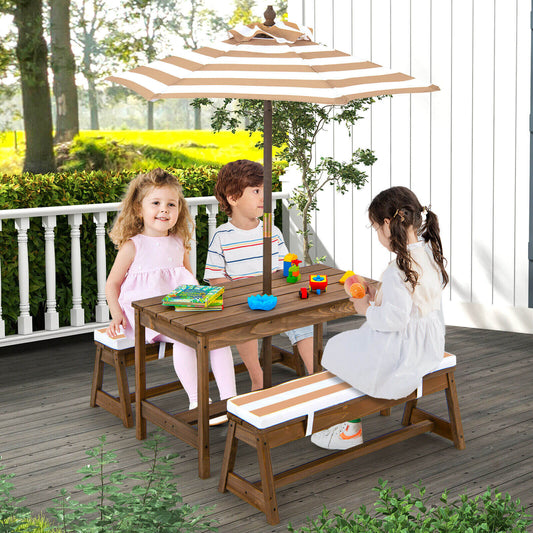 Kids Picnic Table and Bench Set with Cushions and Height Adjustable Umbrella, Brown Kids Table & Chair Sets Brown at Gallery Canada