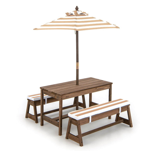 Kids Picnic Table and Bench Set with Cushions and Height Adjustable Umbrella, Brown