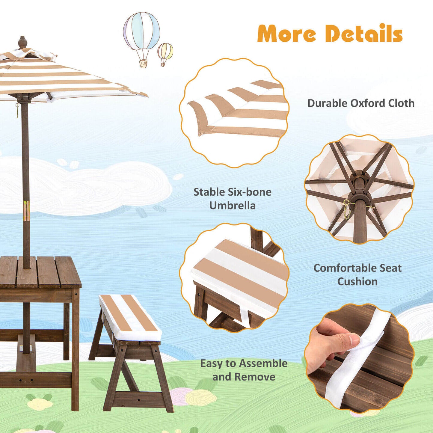 Kids Picnic Table And Bench Set, With Cushions And Adjustable Umbrella, Brown Kids Table & Chair Sets at Gallery Canada