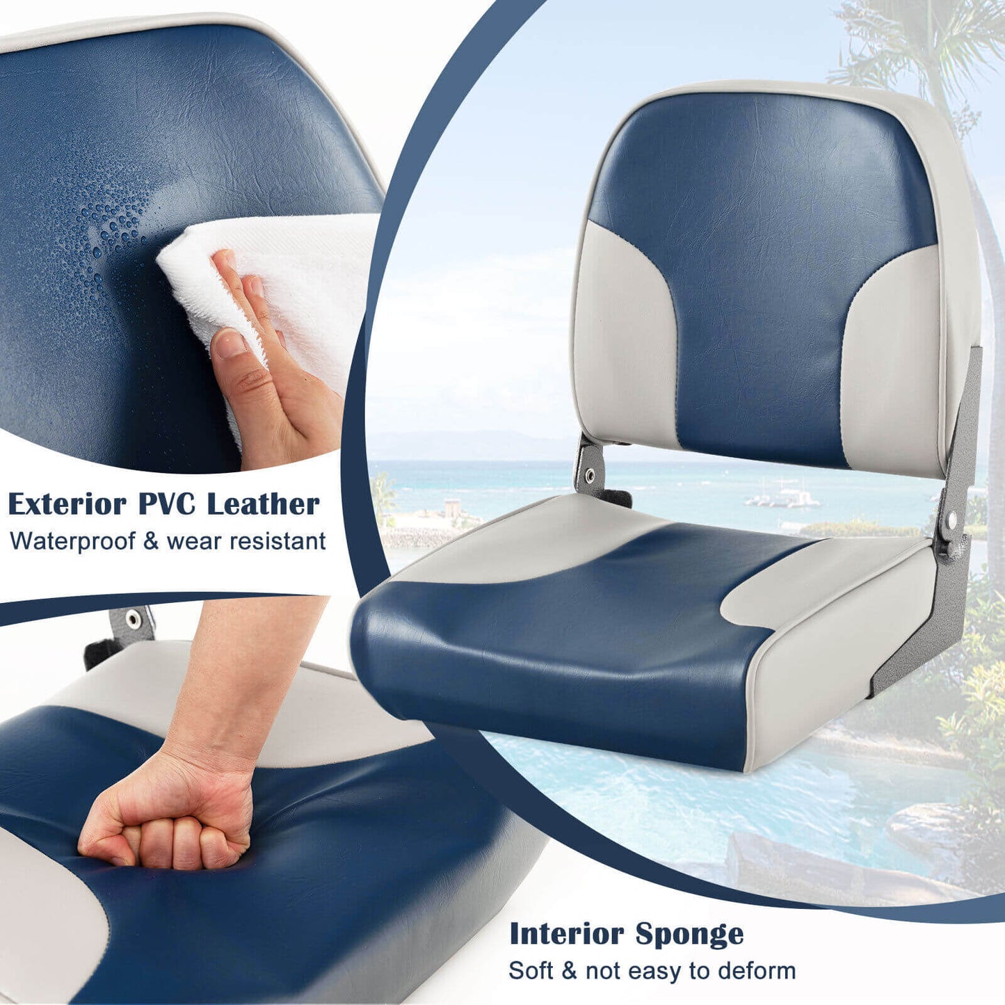 2 Pieces Low Back Boat Seat Set with Sponge Padding and Aluminum Hinges, Blue at Gallery Canada