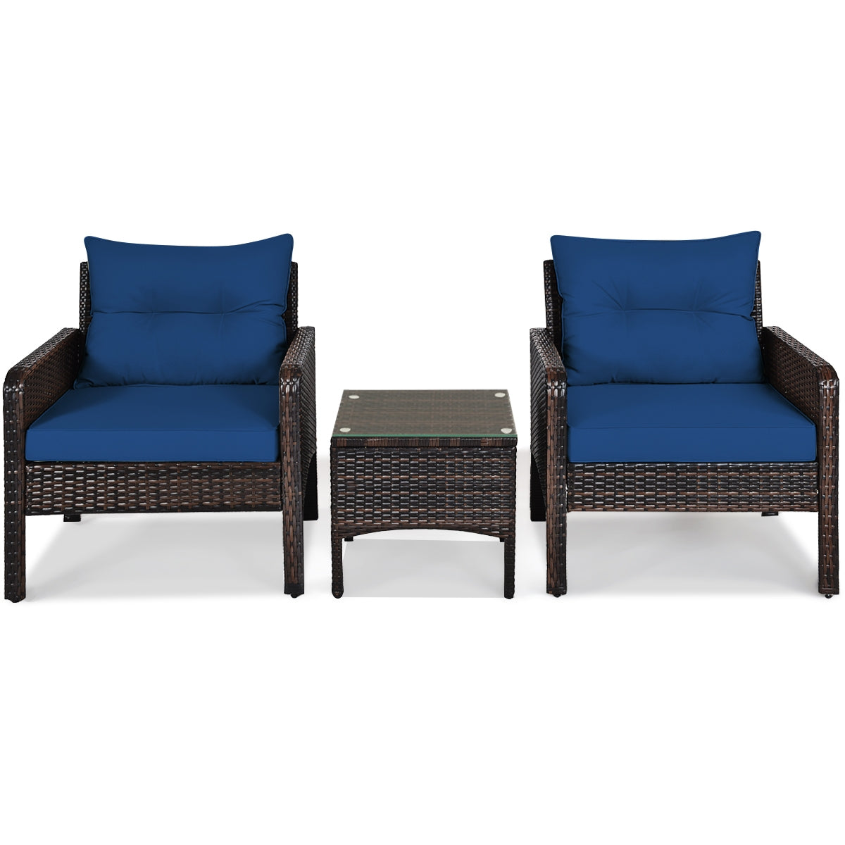 3 Pieces Outdoor Patio Rattan Conversation Set with Seat Cushions, Navy Patio Conversation Sets at Gallery Canada