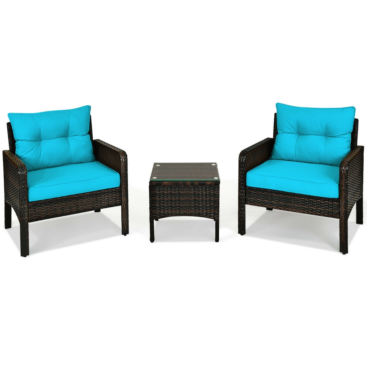 3 Pcs Outdoor Patio Rattan Conversation Set, Turquoise