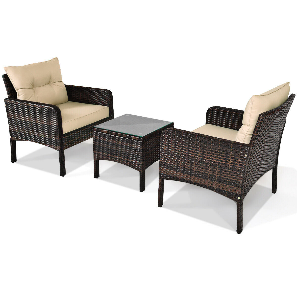 3 Pieces Outdoor Patio Rattan Conversation Set with Seat Cushions, Beige Patio Conversation Sets at Gallery Canada