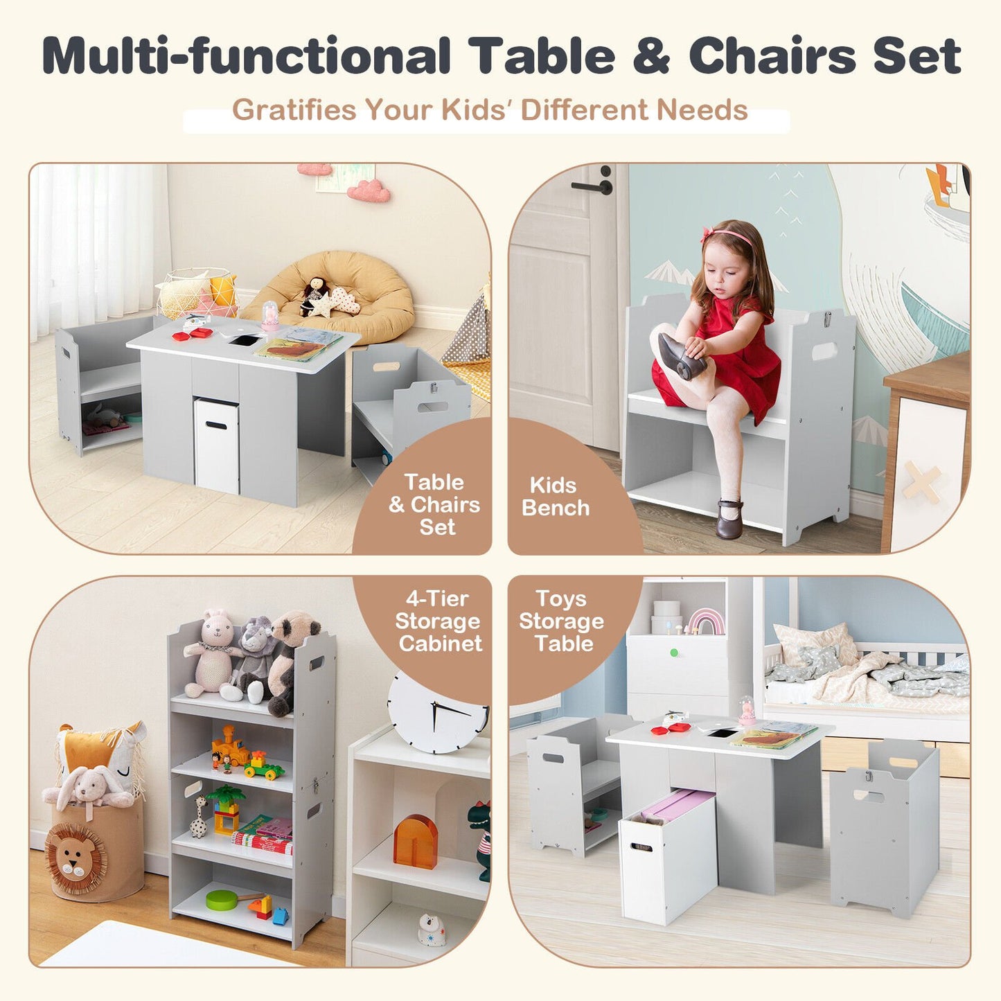4-in-1 Kids Table and Chairs with Multiple Storage for Learning, Gray