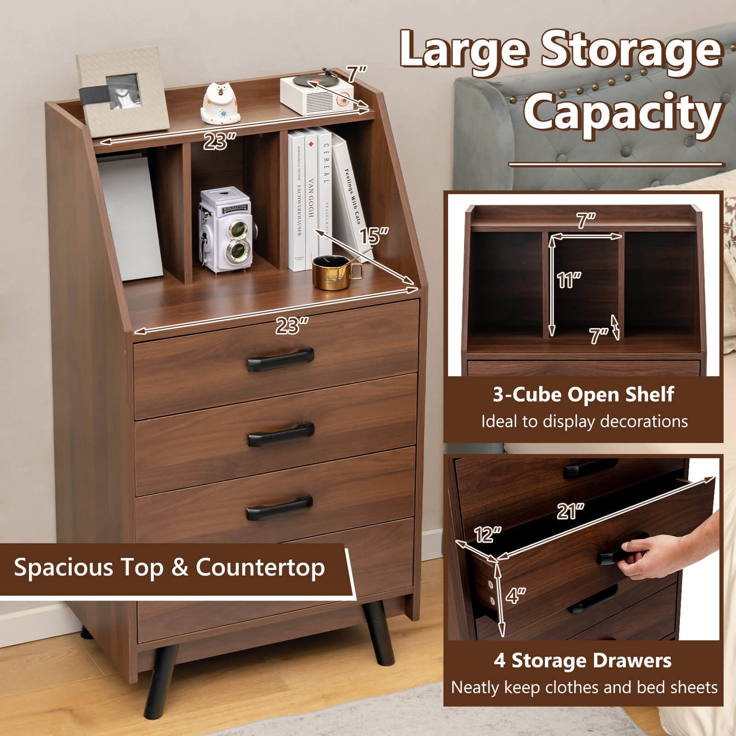 4-Drawer Dresser with 2 Anti-Tipping Kits for Bedroom, Walnut