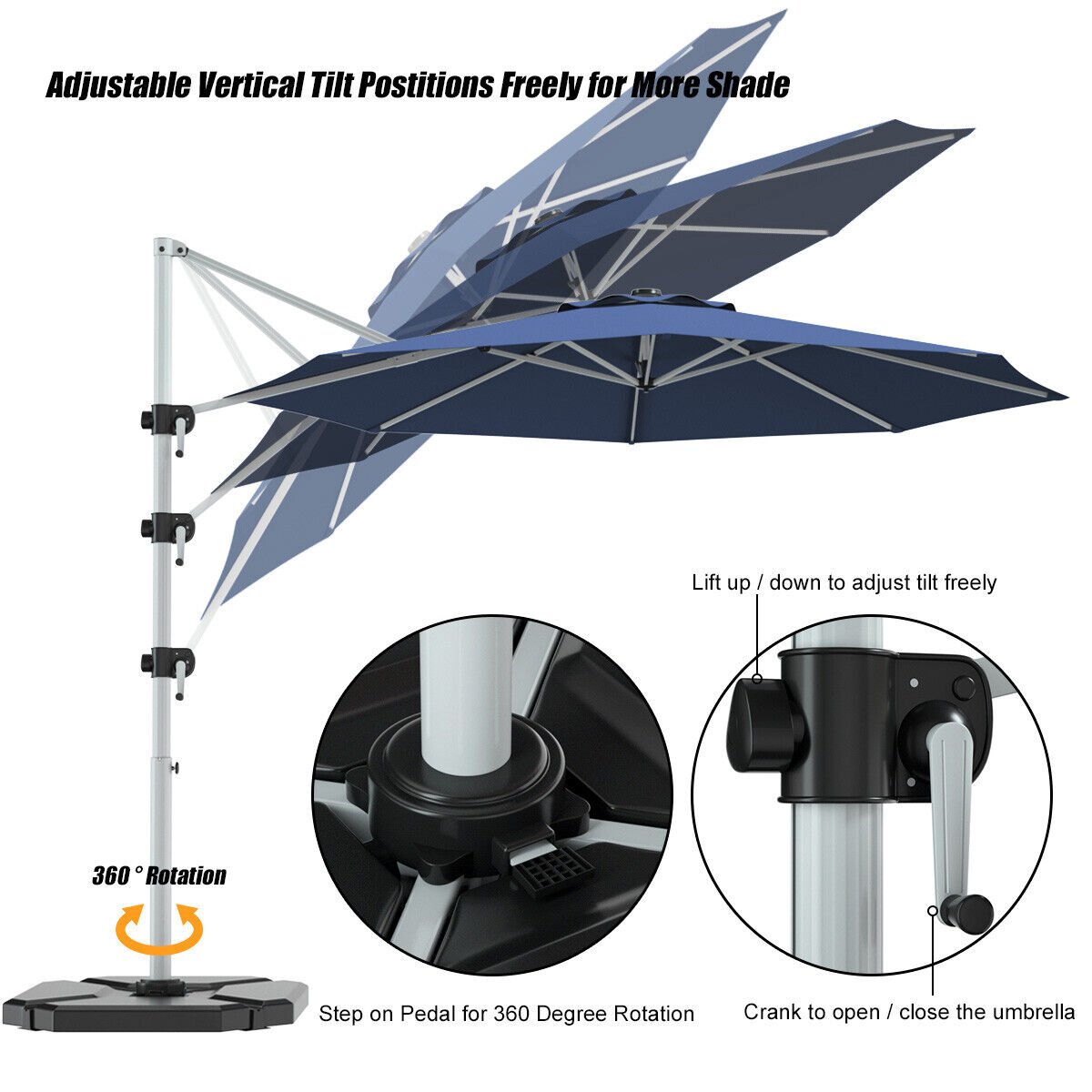 11 Feet Patio Offset Cantilever Umbrella 360° Rotation Aluminum Tilt, Navy