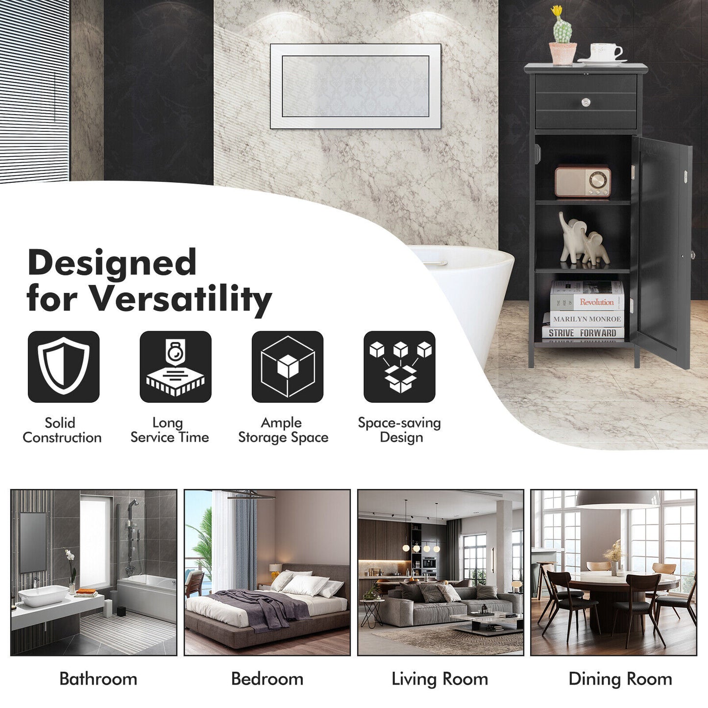 Wooden Bathroom Floor Storage Cabinet With Drawer And Shelf, Black Floor Cabinets at Gallery Canada
