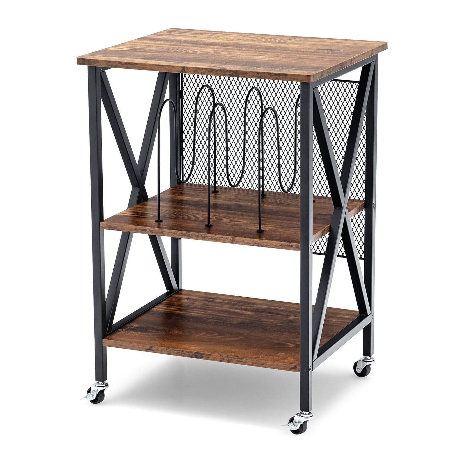 3 Tiers Vintage Style Rolling End Table with 3 Dividers for Albums, Brown at Gallery Canada