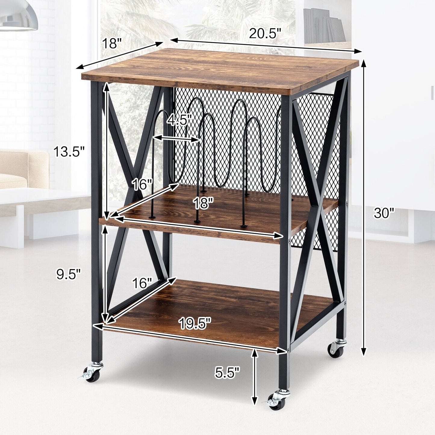 3 Tiers Vintage Style Rolling End Table with 3 Dividers for Albums, Brown