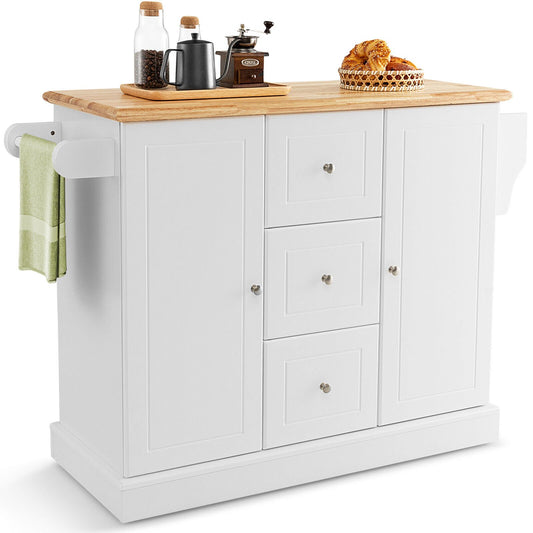 2-Door Large Mobile Kitchen Island Cart with Hidden Wheelsand 3 Drawers, White