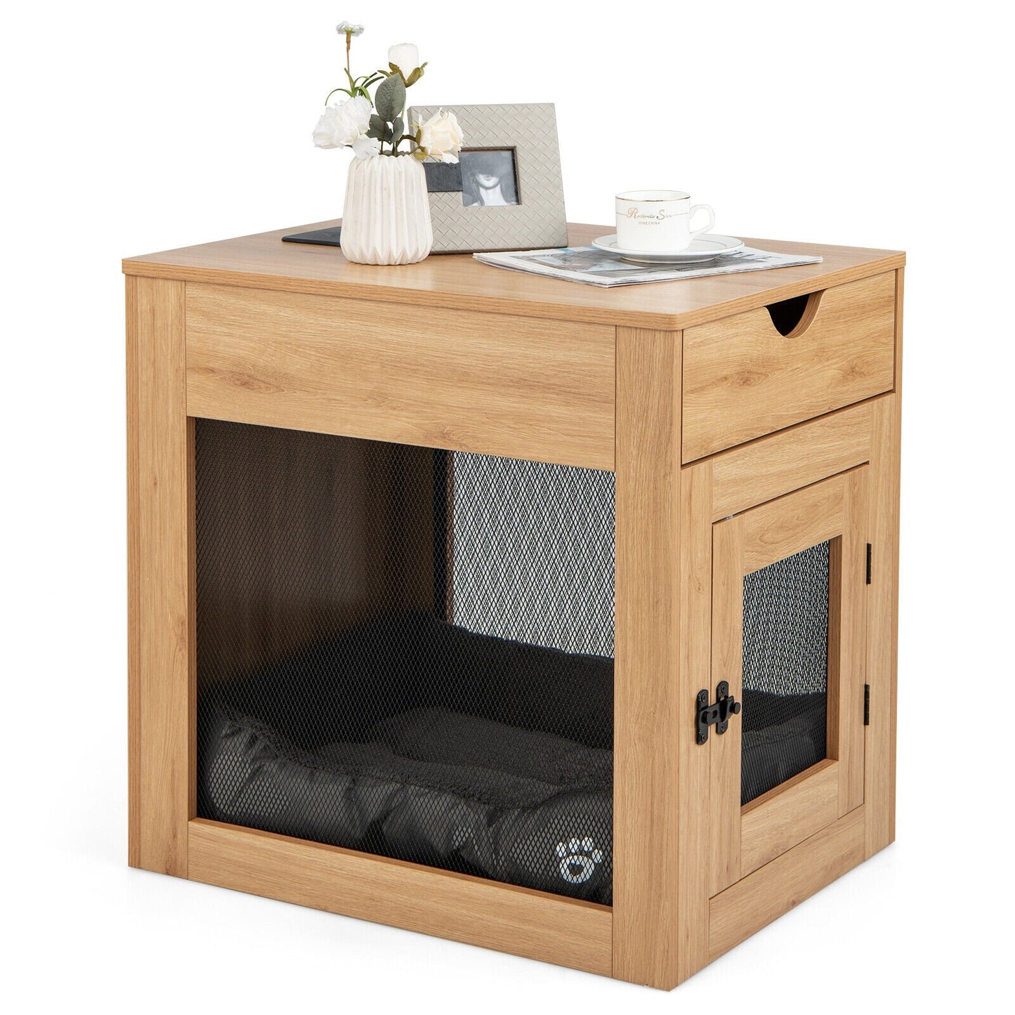 Furniture Style Dog Kennel with Drawer and Removable Dog Bed, Natural at Gallery Canada