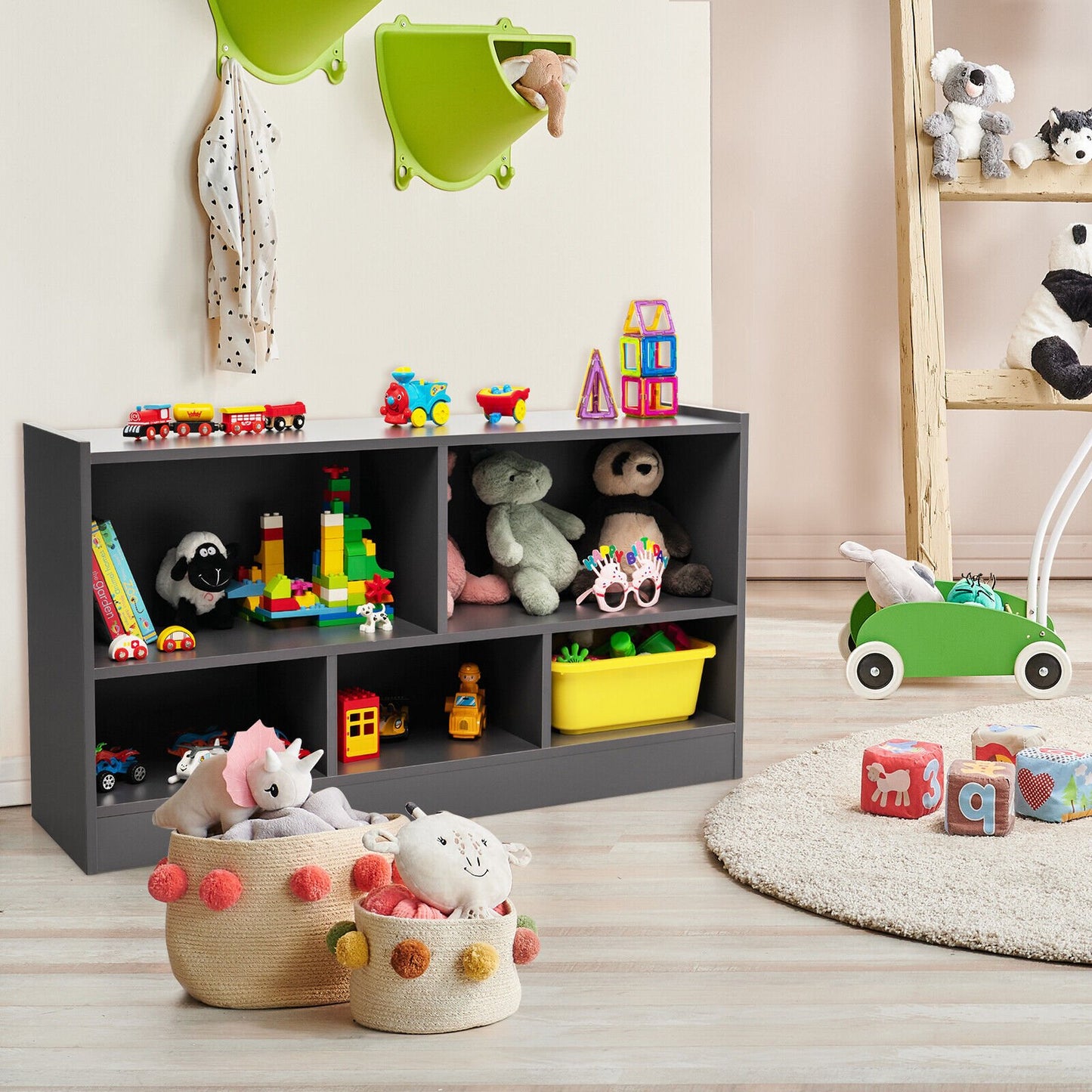 Kids 2-Shelf Bookcase 5-Cube Wood Toy Storage Cabinet Organizer, Gray