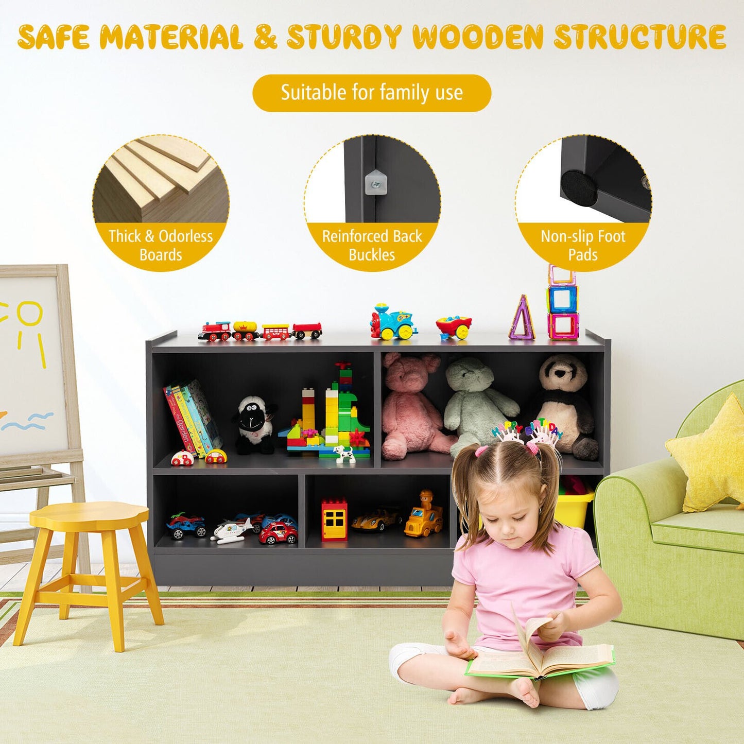 Kids 2-Shelf Bookcase 5-Cube Wood Toy Storage Cabinet Organizer, Gray