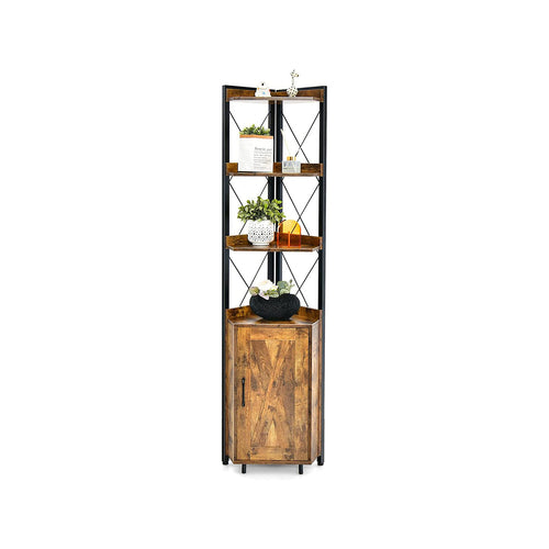 Tall Corner Storage Cabinet with 3-Tier Shelf and Enclosed Cabinet, Rustic Brown