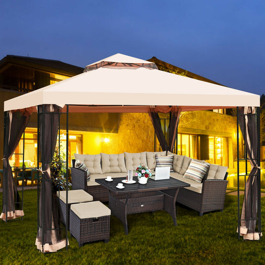 10 x 10 Feet 2-Tier Vented Metal Canopy With Mosquito Netting, Beige Gazebos Beige at Gallery Canada