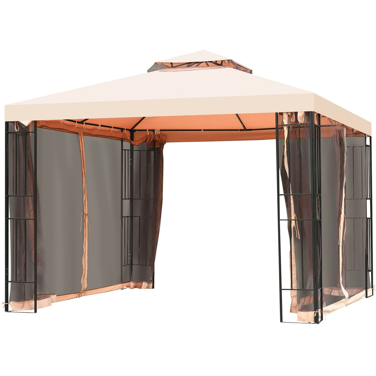 10 x 10 Feet 2-Tier Vented Metal Canopy with Mosquito Netting, Beige Gazebos at Gallery Canada