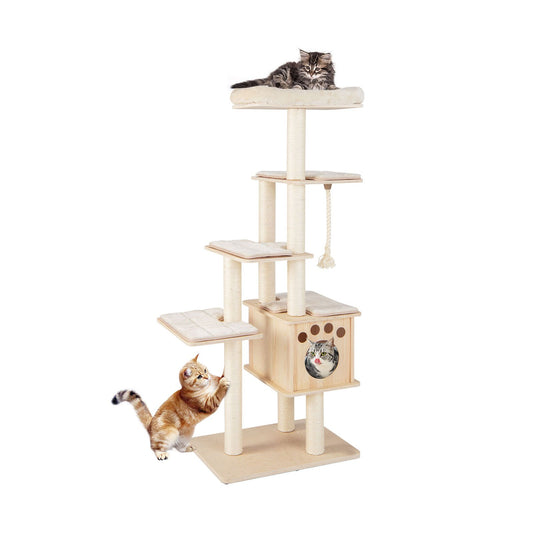67 Inch Modern Cat Tree Tower with Top Perch and Sisal Rope Scratching Posts, Natural
