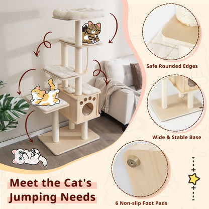 67 Inch Modern Cat Tree Tower with Top Perch and Sisal Rope Scratching Posts, Natural