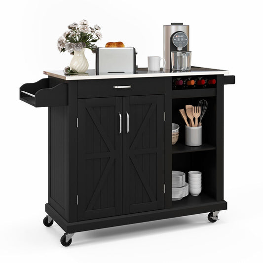 2-Door Rolling Kitchen Island Cart with Stainless Steel Top and Wine Storage Shelf, Black