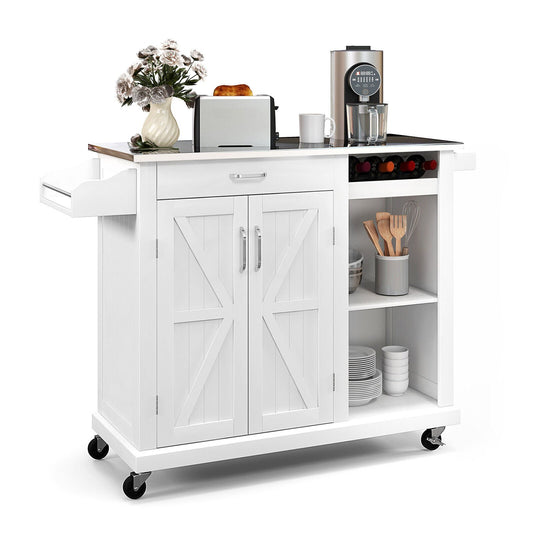2-Door Rolling Kitchen Island Cart with Stainless Steel Top and Wine Storage Shelf, White