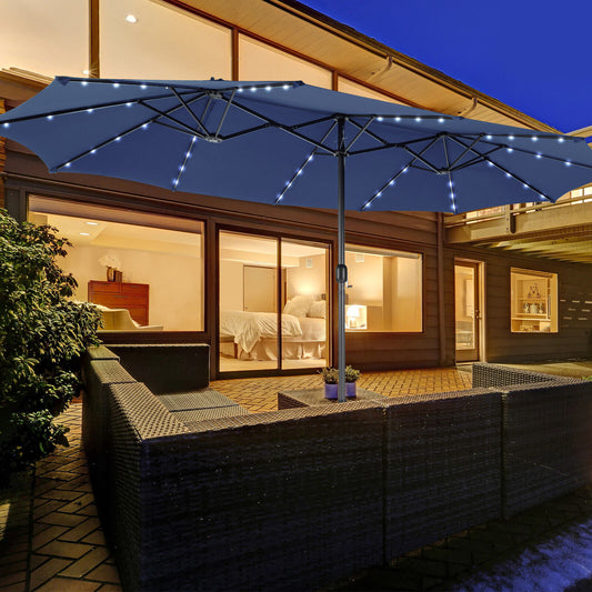 15 Feet Twin Patio Umbrella, 48 Solar LED Lights, Navy Outdoor Umbrellas Navy at Gallery Canada