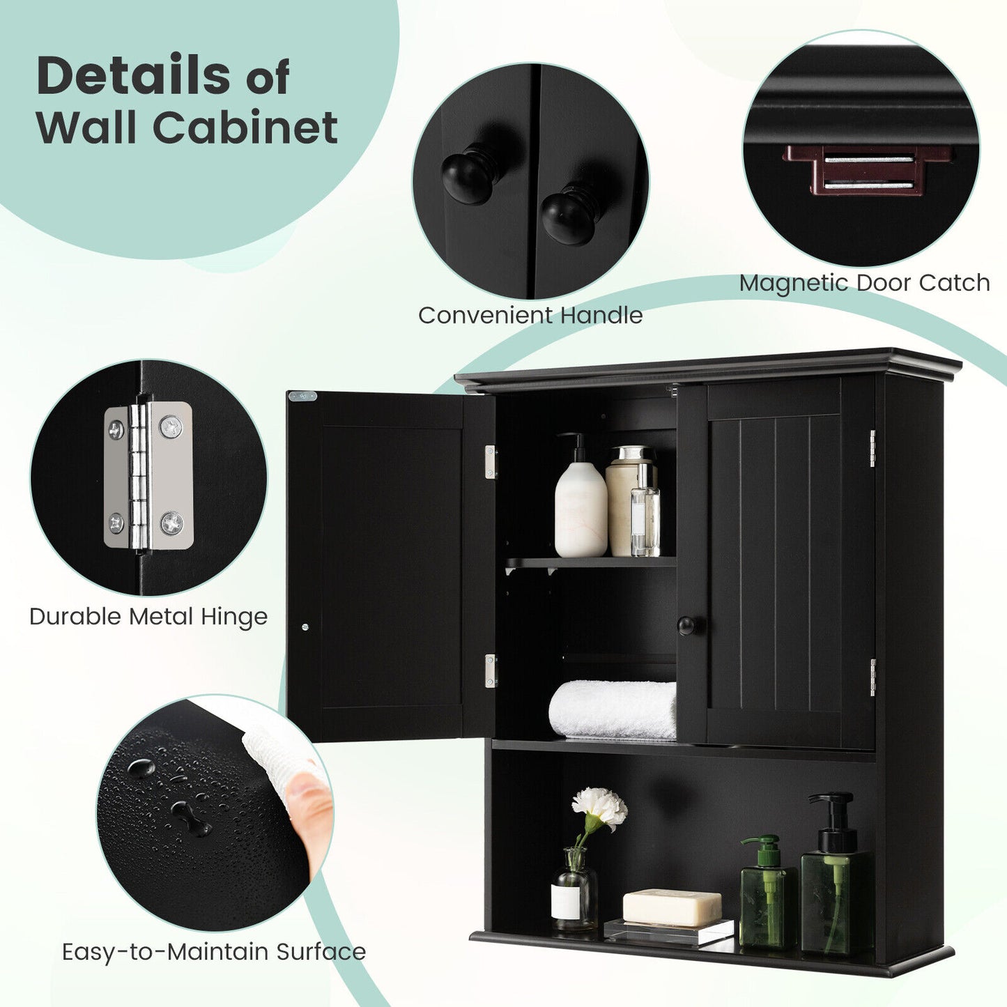 2-Door Wall Mount Bathroom Storage Cabinet with Open Shelf, Black Wall Cabinets at Gallery Canada
