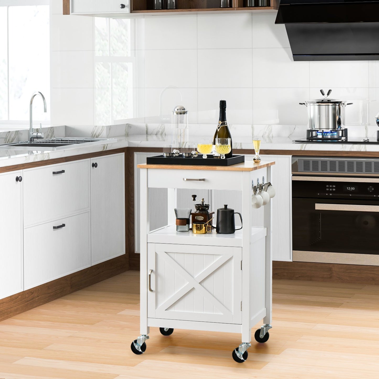 Rolling Kitchen Island Cart with Drawer and Side Hooks, White at Gallery Canada